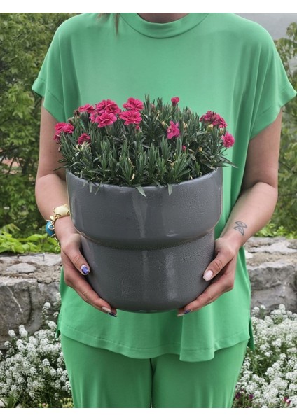 Altı Delikli Dev Boy Antrasit Seramik Saksı