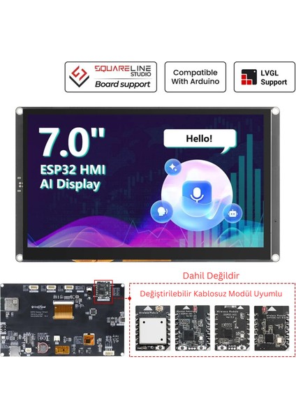 Crowpanel Advance Siyah 7" Hmı – ESP32-S3 Arduino Destekli Aı Destekli Programlanabilir IPS Dokunmatik Ekran (800X480) – Kılıfsız