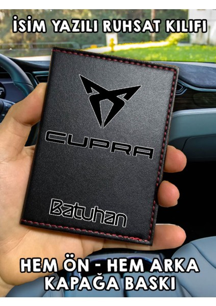 Cupra Ön Arka Baskılı Oto Araç Ruhsat Kabı Kartlık Deri Isim Yazılı Kişiye Özel Cüzdan