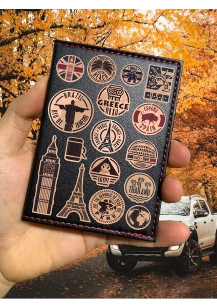 Country Desenli Ruhsat Kabı Logolu Oto Ruhsat Kılıfı Vinleks Deri Dikişli Araç Ruhsat Koruyucu