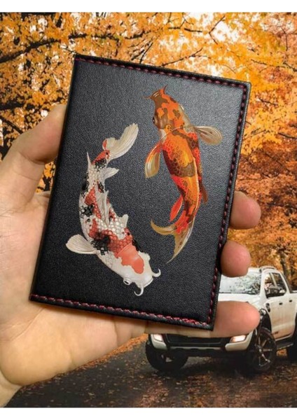 Koi Desenli Ruhsat Kabı Logolu Oto Ruhsat Kılıfı Vinleks Deri Dikişli Araç Ruhsat Koruyucu
