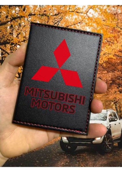 Mitsubishi Desenli Ruhsat Kabı Logolu Oto Ruhsat Kılıfı Vinleks Deri Dikişli Araç Ruhsat Koruyucu