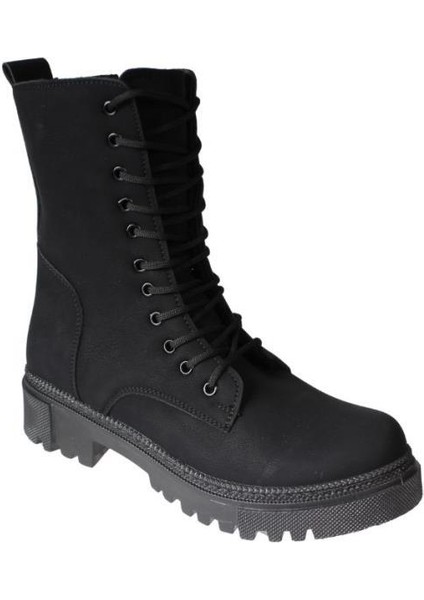 Yazkış Kadın Siyah Mat Cilt Bağcıklı Fermuaralı 18CM Bilekboyu Düz Termo Taban Postal Bot