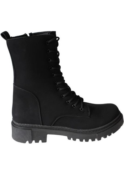 Yazkış Kadın Siyah Mat Cilt Bağcıklı Fermuaralı 18CM Bilekboyu Düz Termo Taban Postal Bot fiyatları