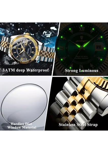 Poedagar Kadın Kol Saati Paslanmaz Çelik Gövde Titanyum Kasa Su Geçirmez Mekanizma Altın-Yeşil Renk