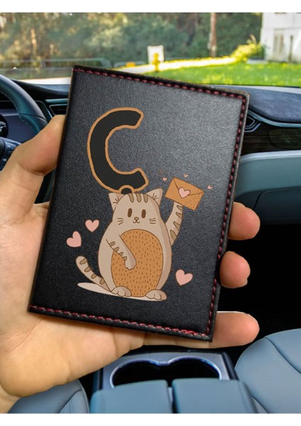 Ruhsat Kılıfı Deri Dikişli Desenli Oto Araba Motor Ruhsat Kabı Kılıfı Ç Harfi Kedili