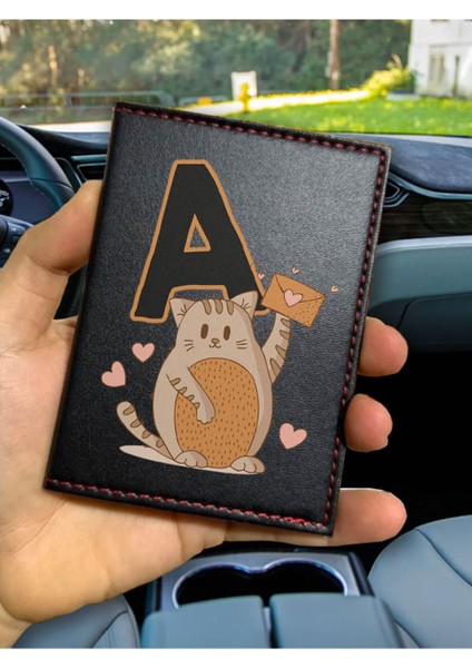 Ruhsat Kılıfı Deri Dikişli Desenli Oto Araba Motor Ruhsat Kabı Kılıfı A Harfi Kedili