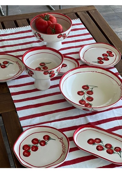 El Yapımı El Boyaması Şekilsiz Formlu Özel Seri 6 Kişilik 11 Parça Takım - Domates Desenli