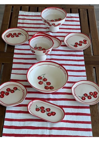 El Yapımı El Boyaması Şekilsiz Formlu Özel Seri 6 Kişilik 11 Parça Takım - Domates Desenli fiyatları