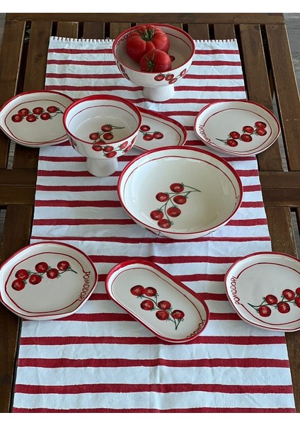 El Yapımı El Boyaması Şekilsiz Formlu Özel Seri 6 Kişilik 11 Parça Takım - Domates Desenli