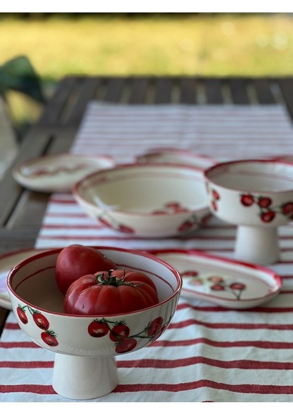 El Yapımı El Boyaması Şekilsiz Formlu Özel Seri 6 Kişilik 11 Parça Takım - Domates Desenli