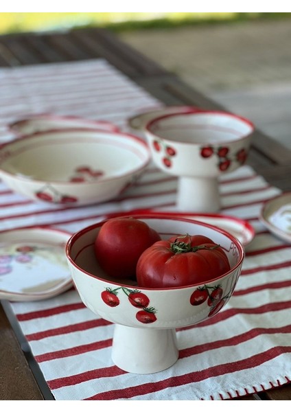 El Yapımı El Boyaması Şekilsiz Formlu Özel Seri 6 Kişilik 11 Parça Takım - Domates Desenli