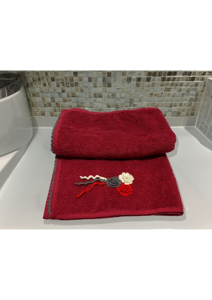 Çiçek Motifli, Kedi Tırnağı Oyalı, Yumuşak Dokulu Pamuklu Vücut Havlusu |kırmızı | 70X130 cm fırsatları