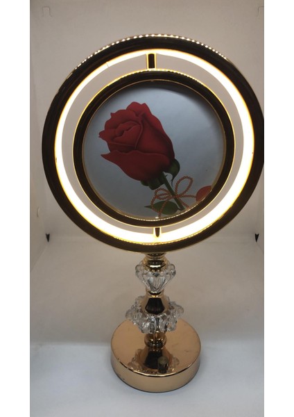 USB Şarjlı Kristal Ayaklı Gold Yuvarlak Masaüstü Makyaj ve 3 Renk Işık Masa Aynası