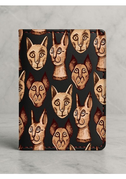 Ruhsat Koruyucu Baskılı Kart Bölmeli Siyah Vinlex Deri Ruhsat Kabı Kılıfı Mumya Kedi