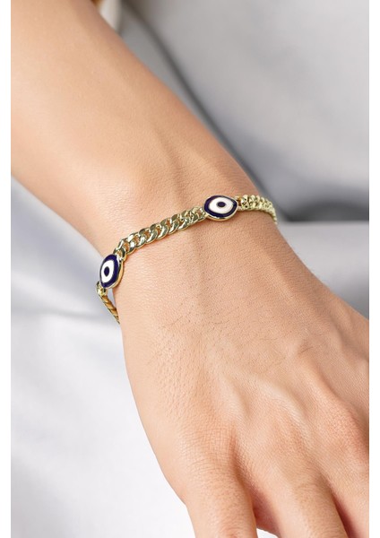 14 Ayar Altın 3'lü Lacivert Çekik Göz Gurmet Zincir Bileklik
