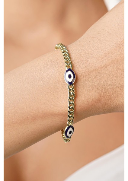 14 Ayar Altın 3'lü Lacivert Çekik Göz Gurmet Zincir Bileklik fiyatları
