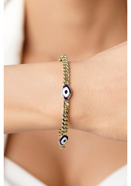 14 Ayar Altın 3'lü Lacivert Çekik Göz Gurmet Zincir Bileklik modelleri
