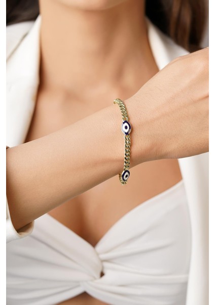 14 Ayar Altın 3'lü Lacivert Çekik Göz Gurmet Zincir Bileklik fırsatları