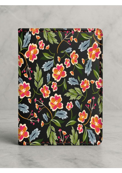 Ruhsat Koruyucu Baskılı Kart Bölmeli Siyah Vinlex Deri Ruhsat Kabı Kılıfı Çiçek Tasarım