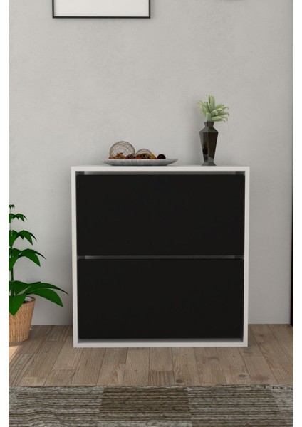 2 Kapaklı Kayar Raflı Ayakkabılık Siyah