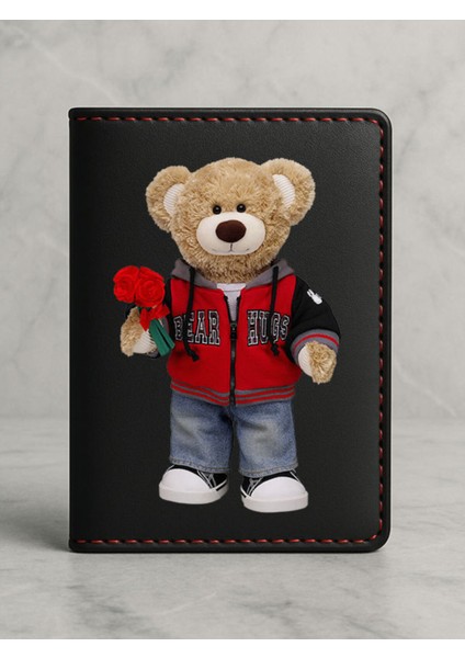 Ruhsat Koruyucu Baskılı Kart Bölmeli Siyah Vinlex Deri Ruhsat Kabı Kılıfı Peluş Teddy