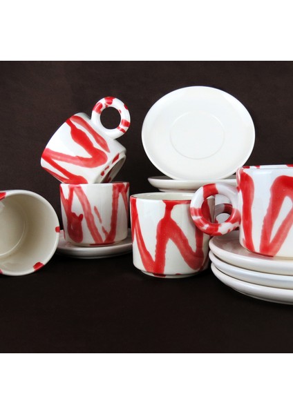 El Yapımı Seramik Fincan & Tabak – Kırmızı Desenli, El Boyaması, 200ML fiyatları