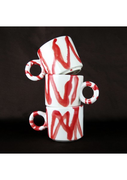 El Yapımı Seramik Fincan & Tabak – Kırmızı Desenli, El Boyaması, 200ML modelleri