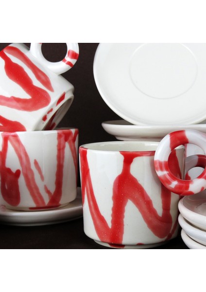 El Yapımı Seramik Fincan & Tabak – Kırmızı Desenli, El Boyaması, 200ML fırsatları