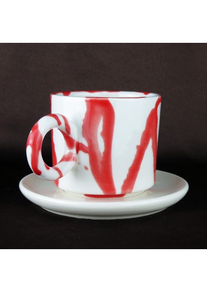 El Yapımı Seramik Fincan & Tabak – Kırmızı Desenli, El Boyaması, 200ML