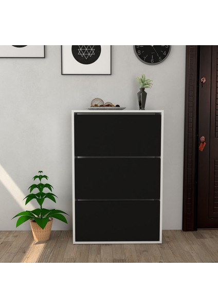 3 Kapaklı Kayar Raflı Ayakkabılık Siyah