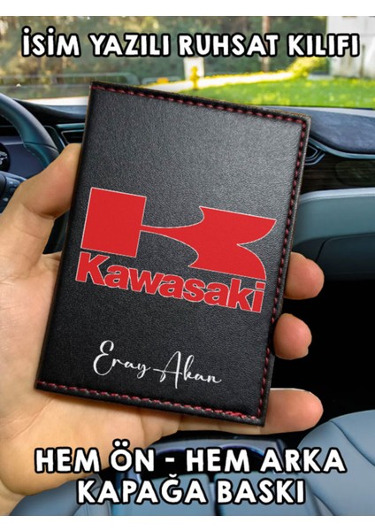 Kawasaki Ön Arka Baskılı Oto Araç Ruhsat Kabı Kartlık Deri Isim Yazılı Kişiye Özel Cüzdan