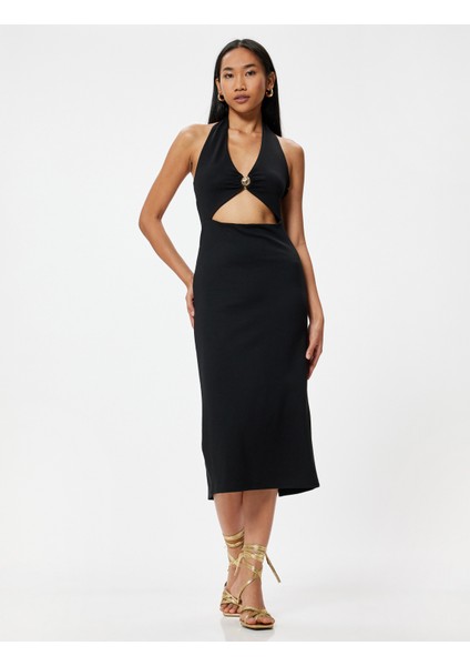 Midi Halter Yaka Elbise Pencere Detaylı Deniz Kabuğu Detaylı Yırtmaçlı