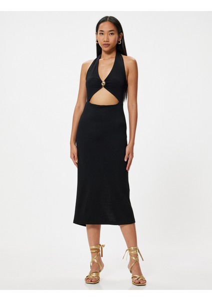 Midi Halter Yaka Elbise Pencere Detaylı Deniz Kabuğu Detaylı Yırtmaçlı fiyatları