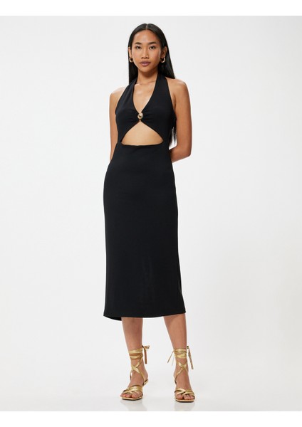 Midi Halter Yaka Elbise Pencere Detaylı Deniz Kabuğu Detaylı Yırtmaçlı modelleri