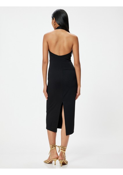 Midi Halter Yaka Elbise Pencere Detaylı Deniz Kabuğu Detaylı Yırtmaçlı fırsatları