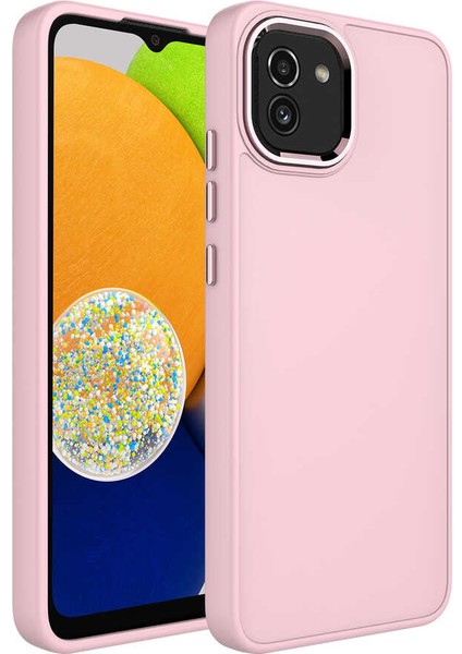 Galaxy A03 Kılıf Metal Çerçeve ve Buton Tasarımlı Silikon Vlmt Luna Kapak-Pembe