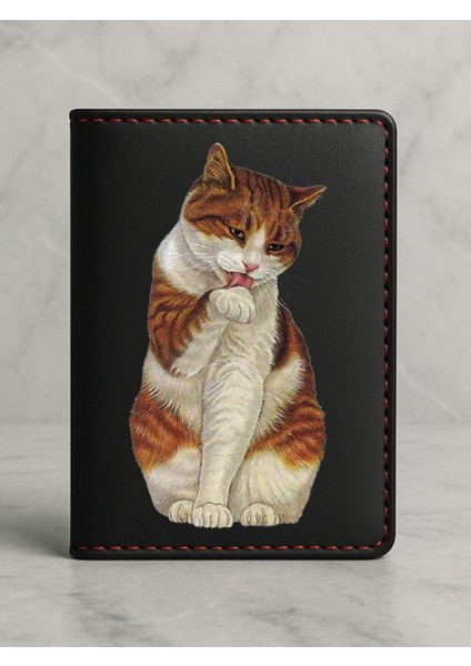 Ruhsat Koruyucu Baskılı Kart Bölmeli Siyah Vinlex Deri Ruhsat Kabı Kılıfı Graphic Cat