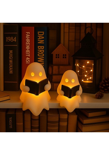 Kitap Okuyan Hayalet Figürü 2’li Pilli Mum ile Kullanım Masaüstü Obje Dekoratif Figür