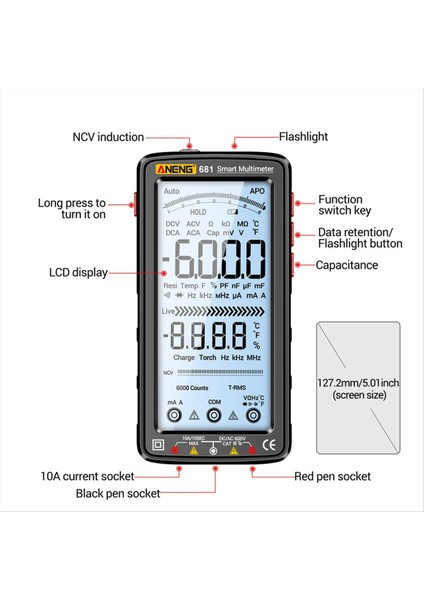 Aneng 681 Şarj Edilebilir Dijital Multimetre Tasarım Olmayan Voltaj Test Cihazı Ac/dc Voltaj Ölçer LCD Ekran Akım Test Cihazı Siyah (Yurt Dışından)