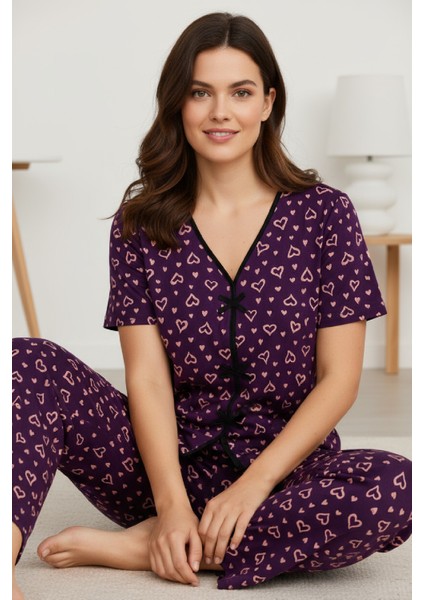 Kadın Mor Kalp Desenli Fiyonklu Kısa Kollu Uzun Pijama Takımı