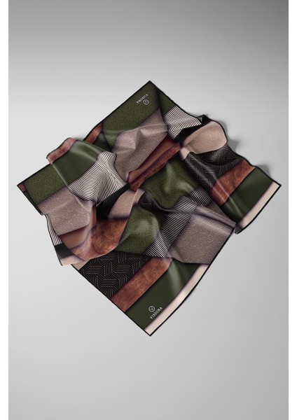 %100 Twill Ipek Dokulu ve Geometrik Desenli Haki - Vizon Yeşili Renkli 90X90 Eşarp Dikim Şekli : El Dikişi indirimleri