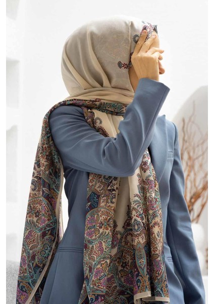 %100 Ipek Etnik Desenli Krem - Mint Yeşili Renkli 92X210 Şal