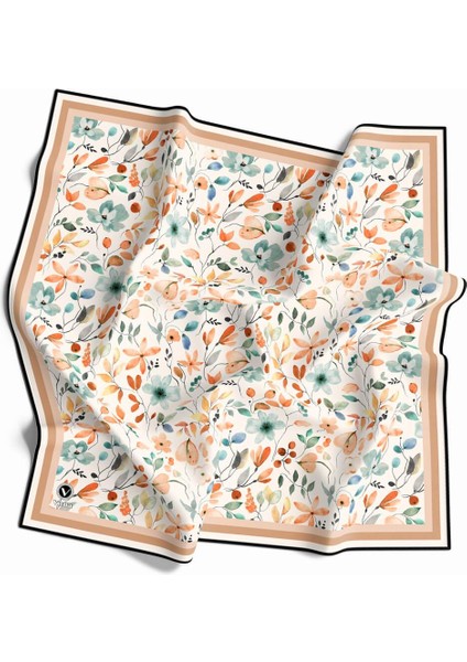 Kristal Bahar Çiçekleri Desenli Somon Renkli 90X90 Eşarp (Ipek Içermez) Kenar Dikiş Şekli El Dikişli