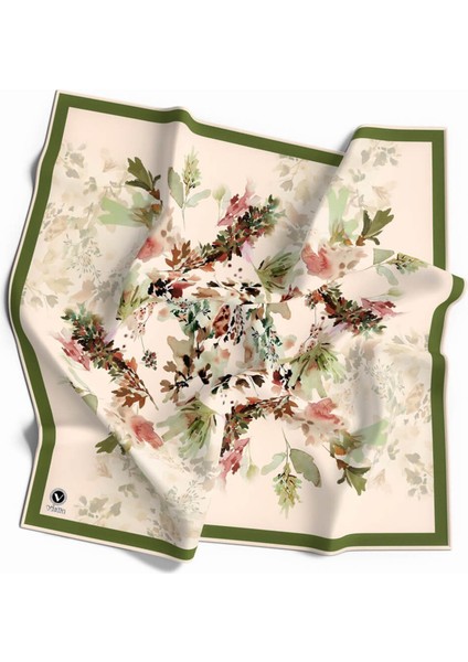 Kristal Sonbahar Yaprak Desenli Haki Renkli 90X90 Eşarp (Ipek Içermez) Kenar Dikiş Şekli El Dikişli