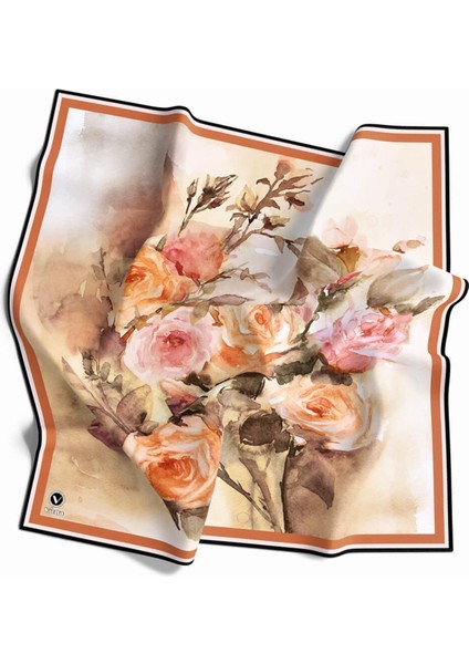 Rayon Çiçek Desenli Taba Renkli 90X90 Eşarp (Ipek Içermez) Kenar Dikiş Şekli El Dikişli