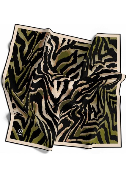 Kristal Zebra Desenli Haki - Siyah Renkli 90X90 Eşarp (Ipek Içermez) Kenar Dikiş Şekli El Dikişli