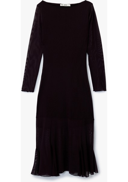 Uzun Kollu Bisiklet Yaka Volanlı Midi Elbise