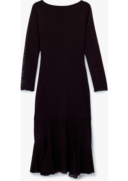 Uzun Kollu Bisiklet Yaka Volanlı Midi Elbise fiyatları