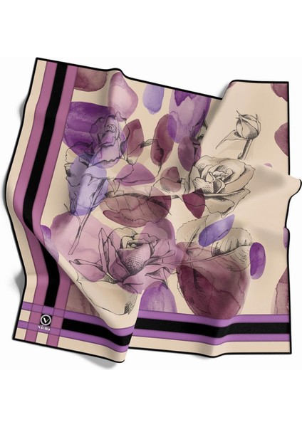 Soft Çiçek Desenli Lila Renkli 90X90 Eşarp (Ipek Içermez) Kenar Dikiş Şekli El Dikişli